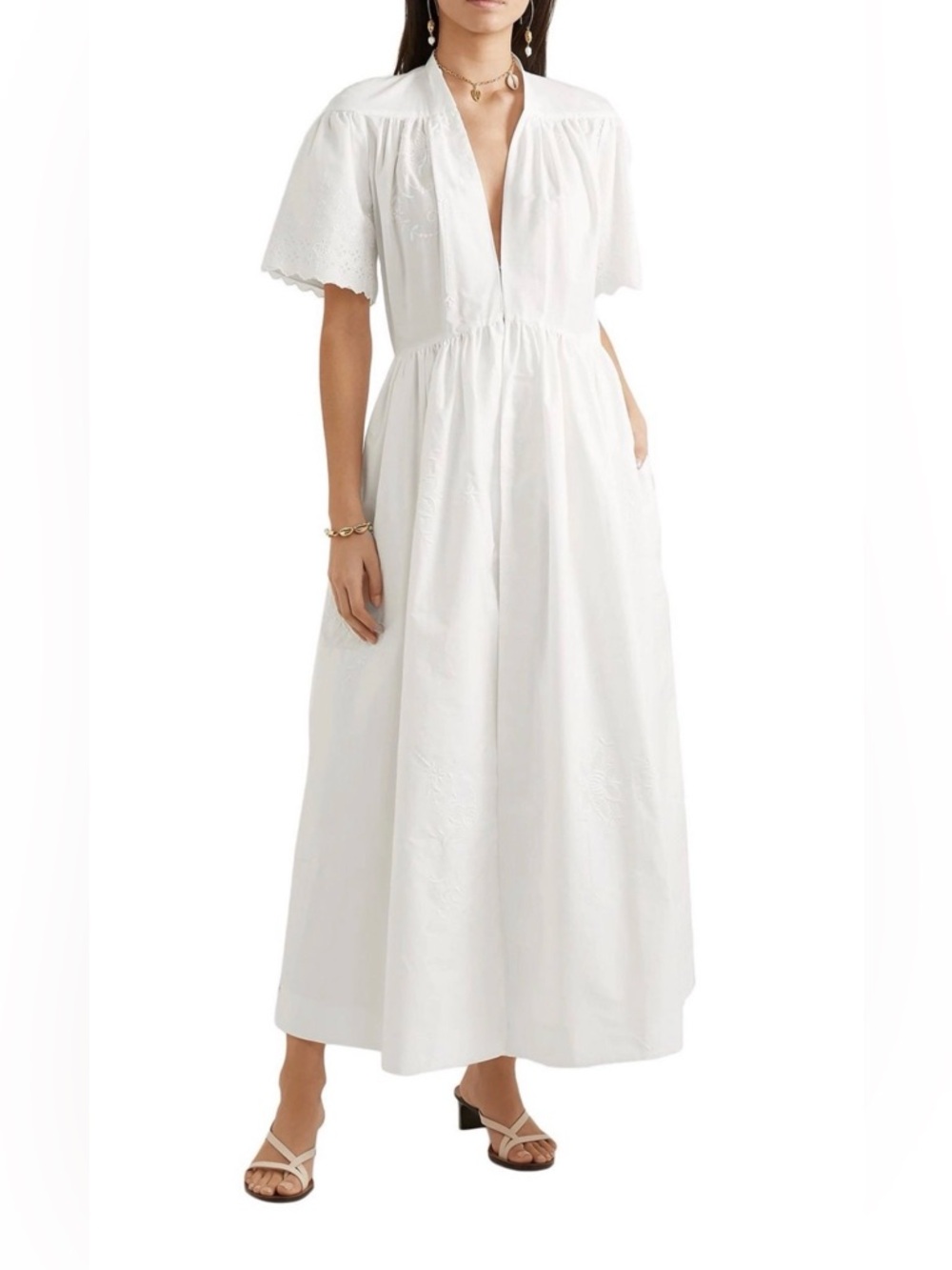 Stella McCartney White Midi Dress with V-Neck and beautiful Embroidered Sleeves